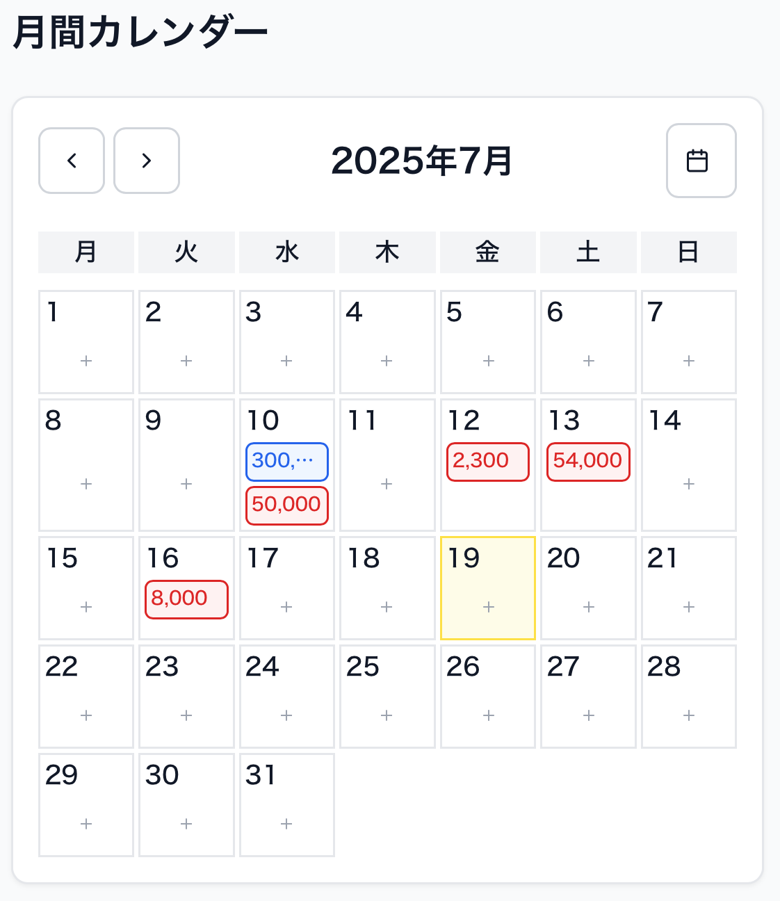 家計簿機能のスクリーンショット
